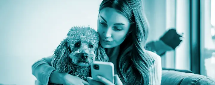 Tutora abraçando seu cachorro com carinho